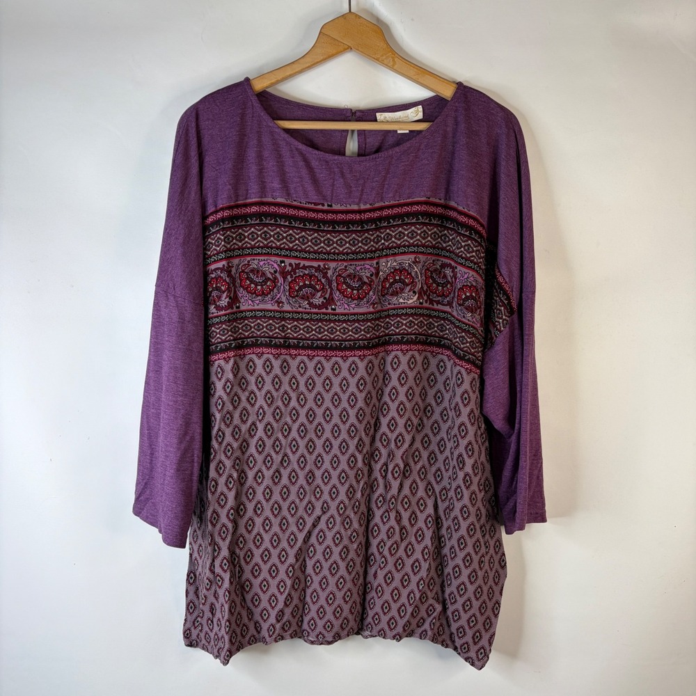 Weekend Suzanne Betro Tunic Top Women 3X Purple Boho Mixed Print 3/4 Sleeve